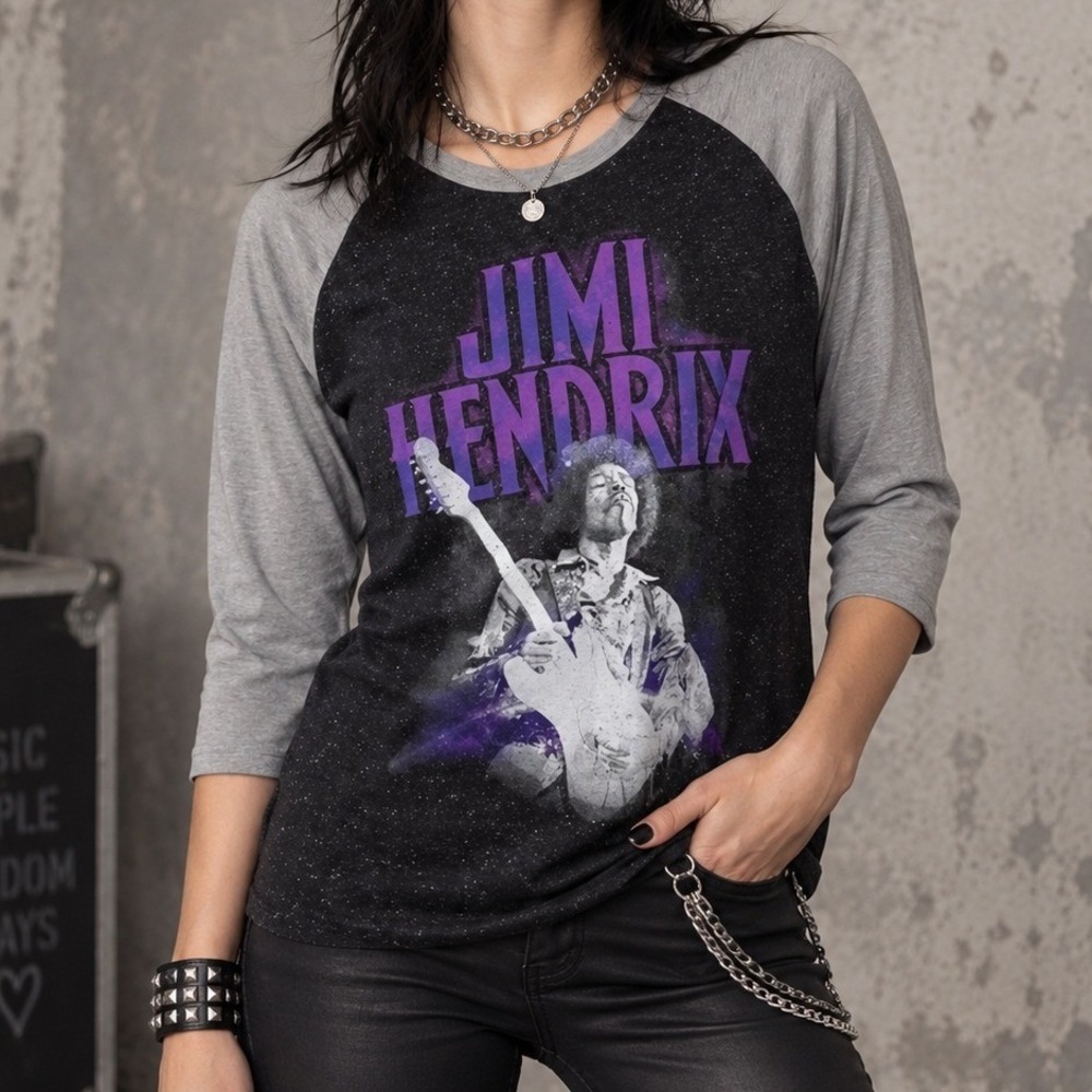 Rockin Artwork Large Jimi Hendrix Raglan Baseball Tee Grey Speckled Rock Graphic